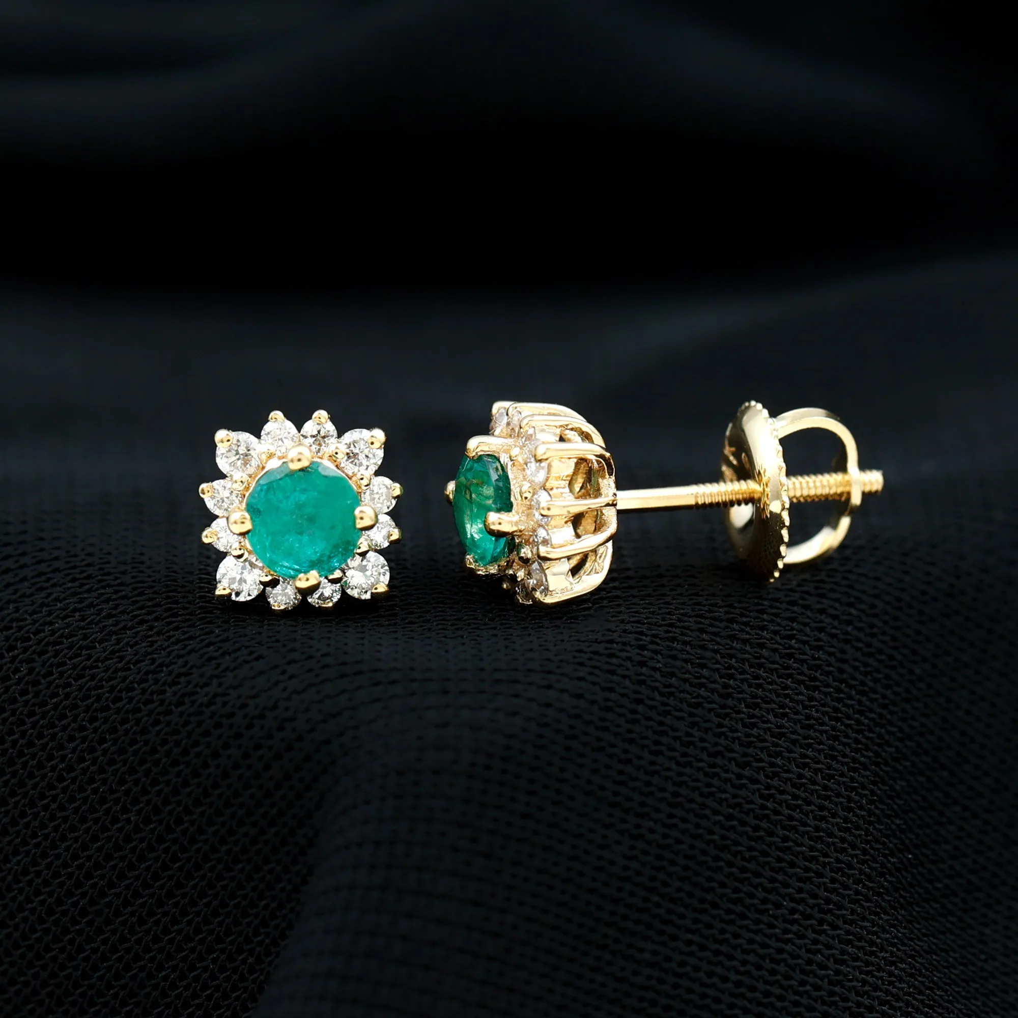 1 CT Emerald Classic Stud Earrings with Diamond Halo