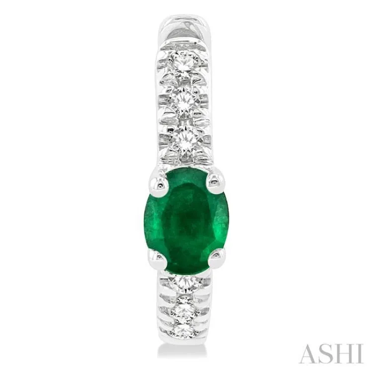 1/10 ctw Petite 4X3MM Oval Cut Emerald and Round Cut Diamond Fashion Huggies in 10K White Gold