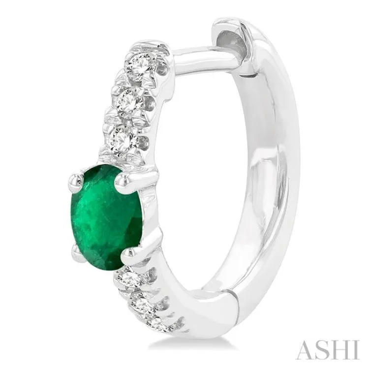 1/10 ctw Petite 4X3MM Oval Cut Emerald and Round Cut Diamond Fashion Huggies in 10K White Gold