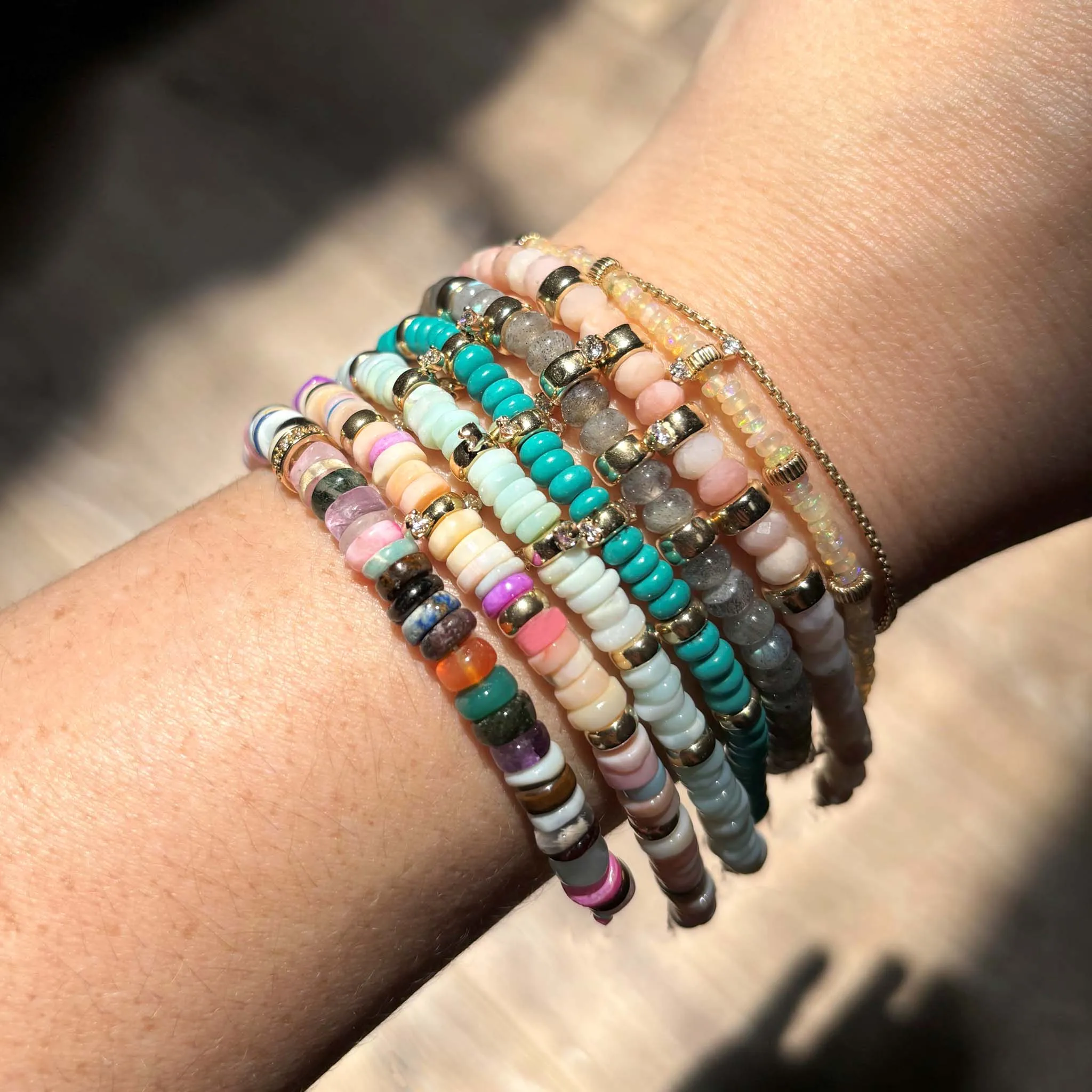 14k Gold & Turquoise Rondelle Bead Bracelet with 6 Prong Diamonds