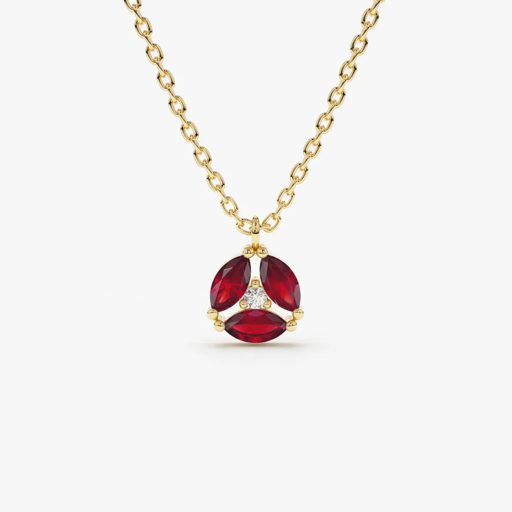 14K Gold Marquise Ruby Cluster Necklace