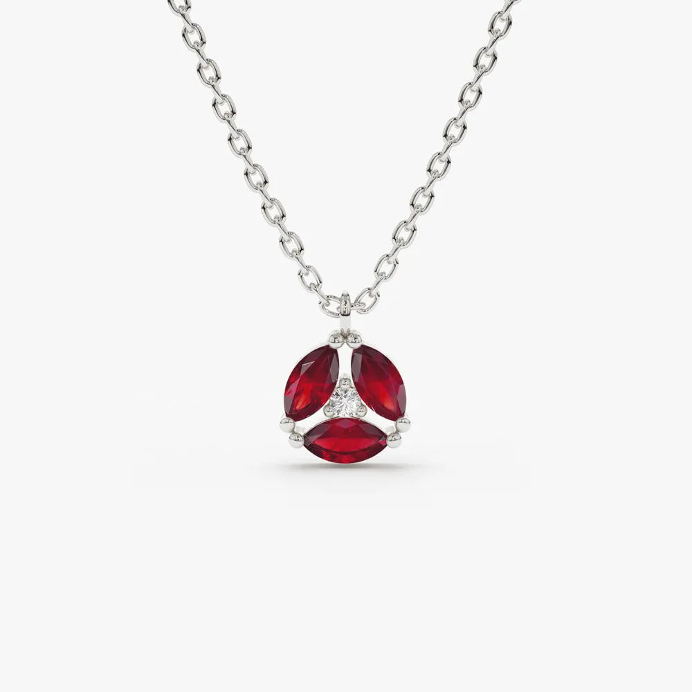 14K Gold Marquise Ruby Cluster Necklace