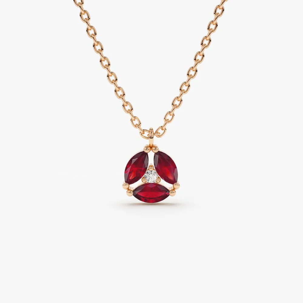 14K Gold Marquise Ruby Cluster Necklace
