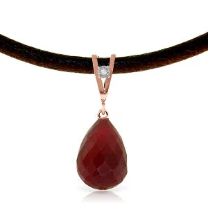 14K Solid Rose Gold & Leather Diamond/Ruby Pear Cut Necklace