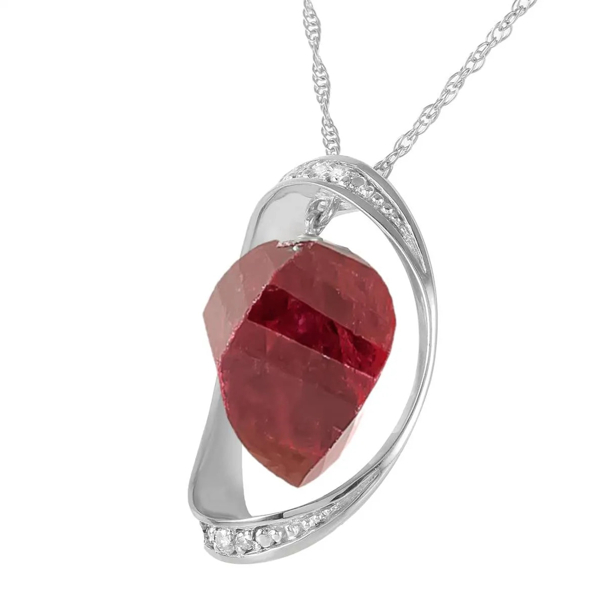 14K Solid White Gold Necklace w/ Twisted Briolette Dyed Green Ruby & Diamonds
