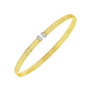 14k Two Tone Gold Narrow Silk Textured Cuff Bangle Diamonds 6.6 grams