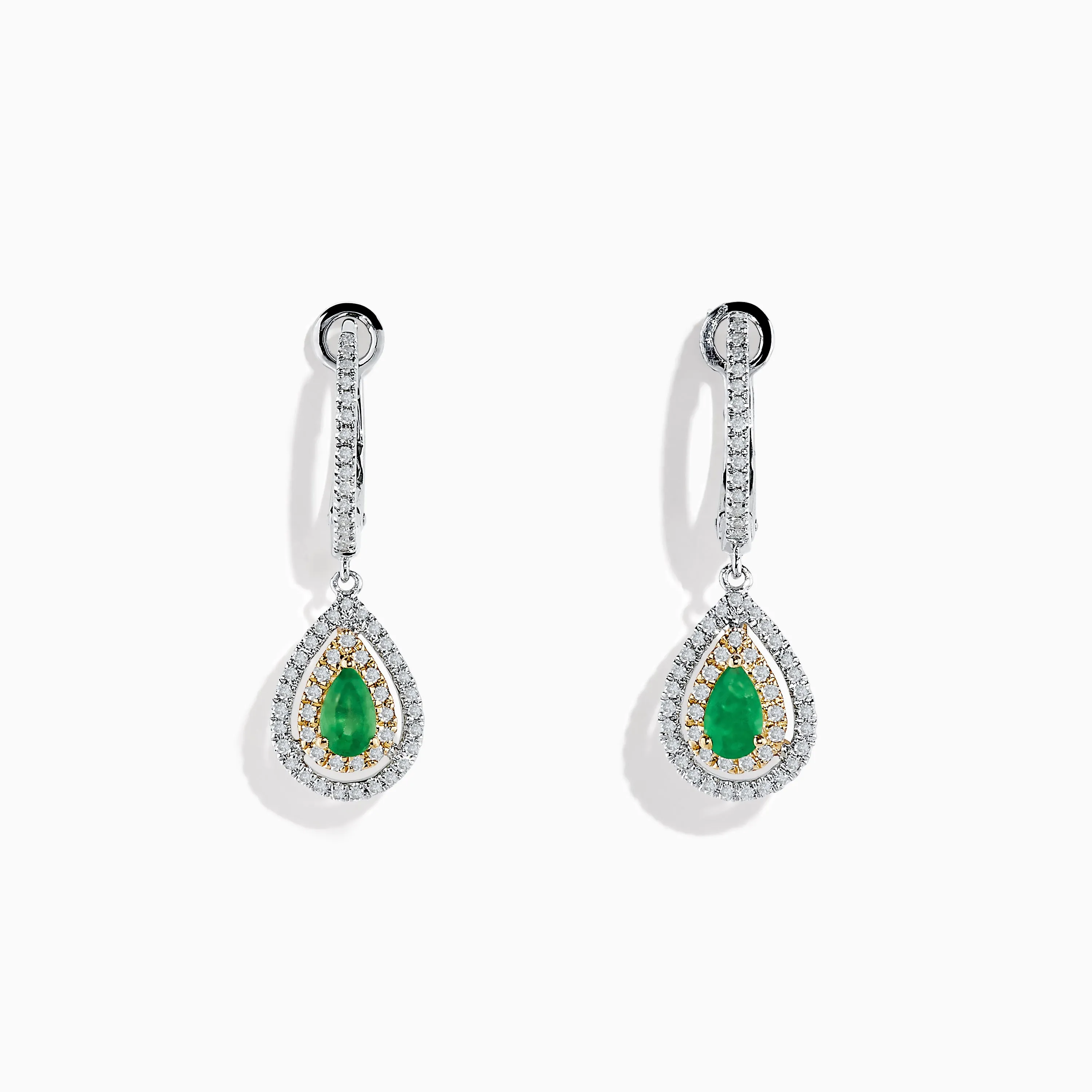 14K White & Yellow Gold Pear Shaped Double Diamond Halo Emerald Drop Earrings