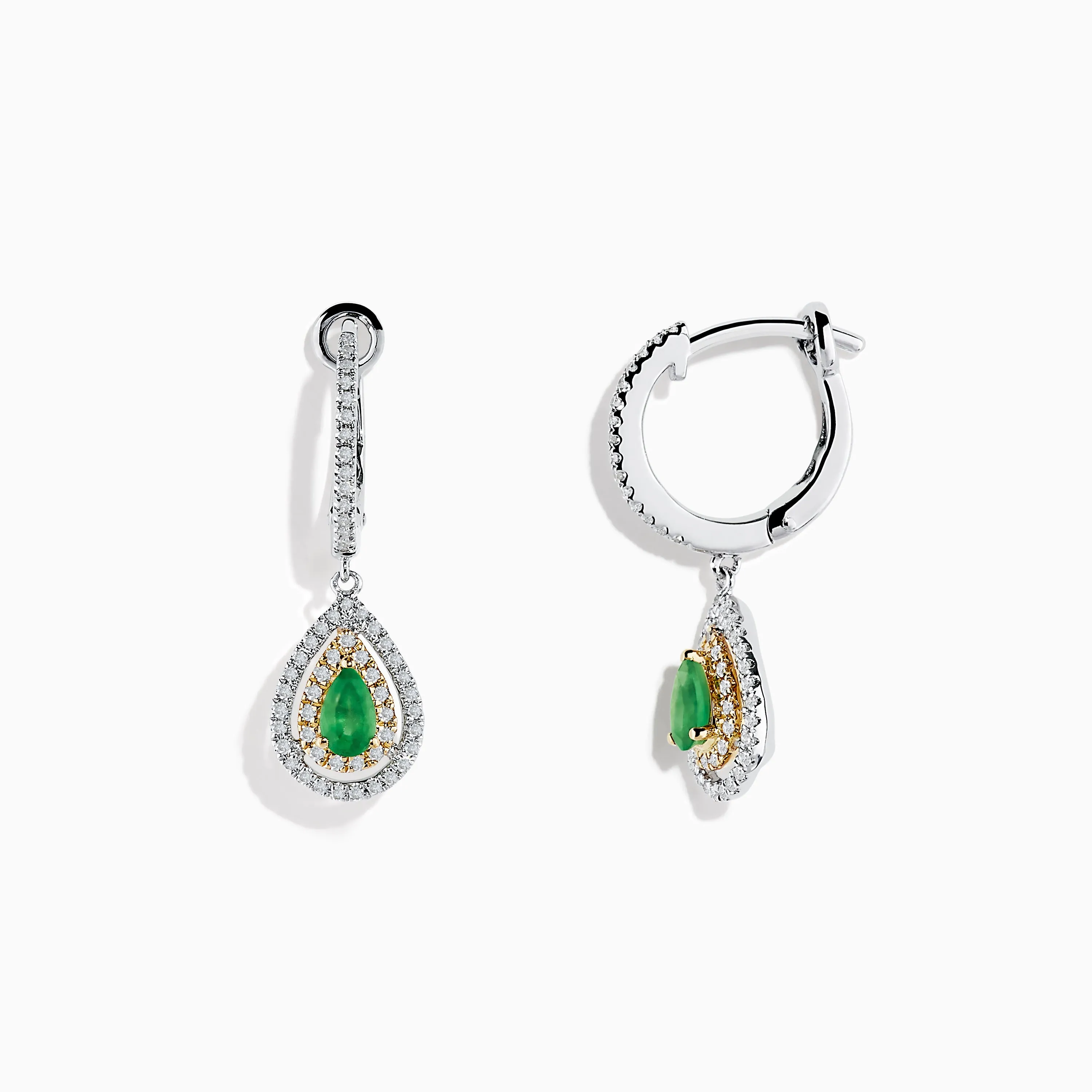 14K White & Yellow Gold Pear Shaped Double Diamond Halo Emerald Drop Earrings