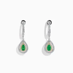 14K White & Yellow Gold Pear Shaped Double Diamond Halo Emerald Drop Earrings