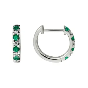 14K WHITE GOLD ALTERNATING EMERALD AND DIAMOND HINGED HUGGIE HOOP EARRINGS