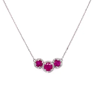 14K White Gold Diamond Halo   Ruby Three Stone Necklace