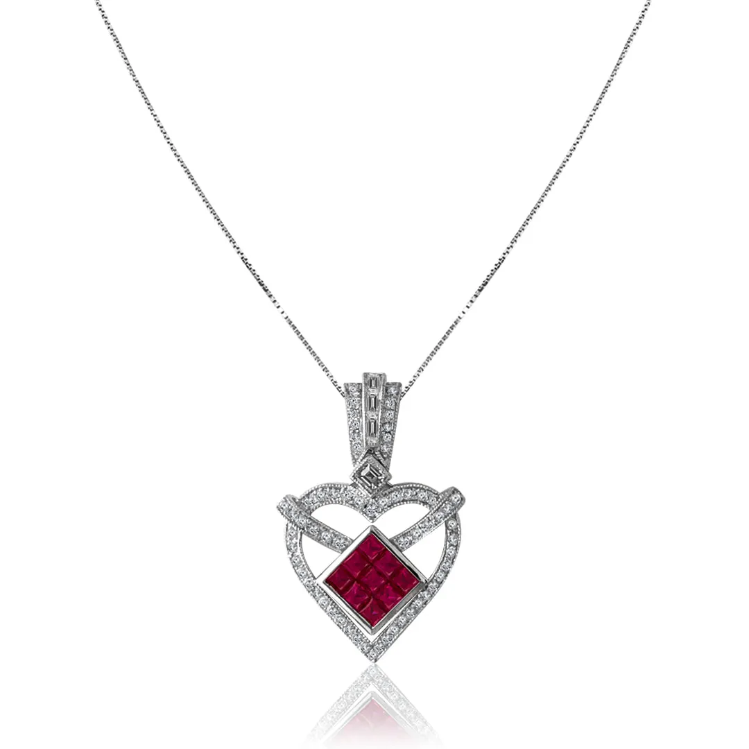 14K White gold heart necklace with diamonds and center ruby