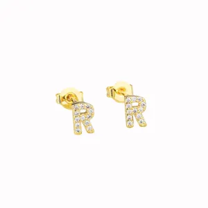 14k Yellow Gold Created White Sapphire Initial R Letter Stud Earrings Plated