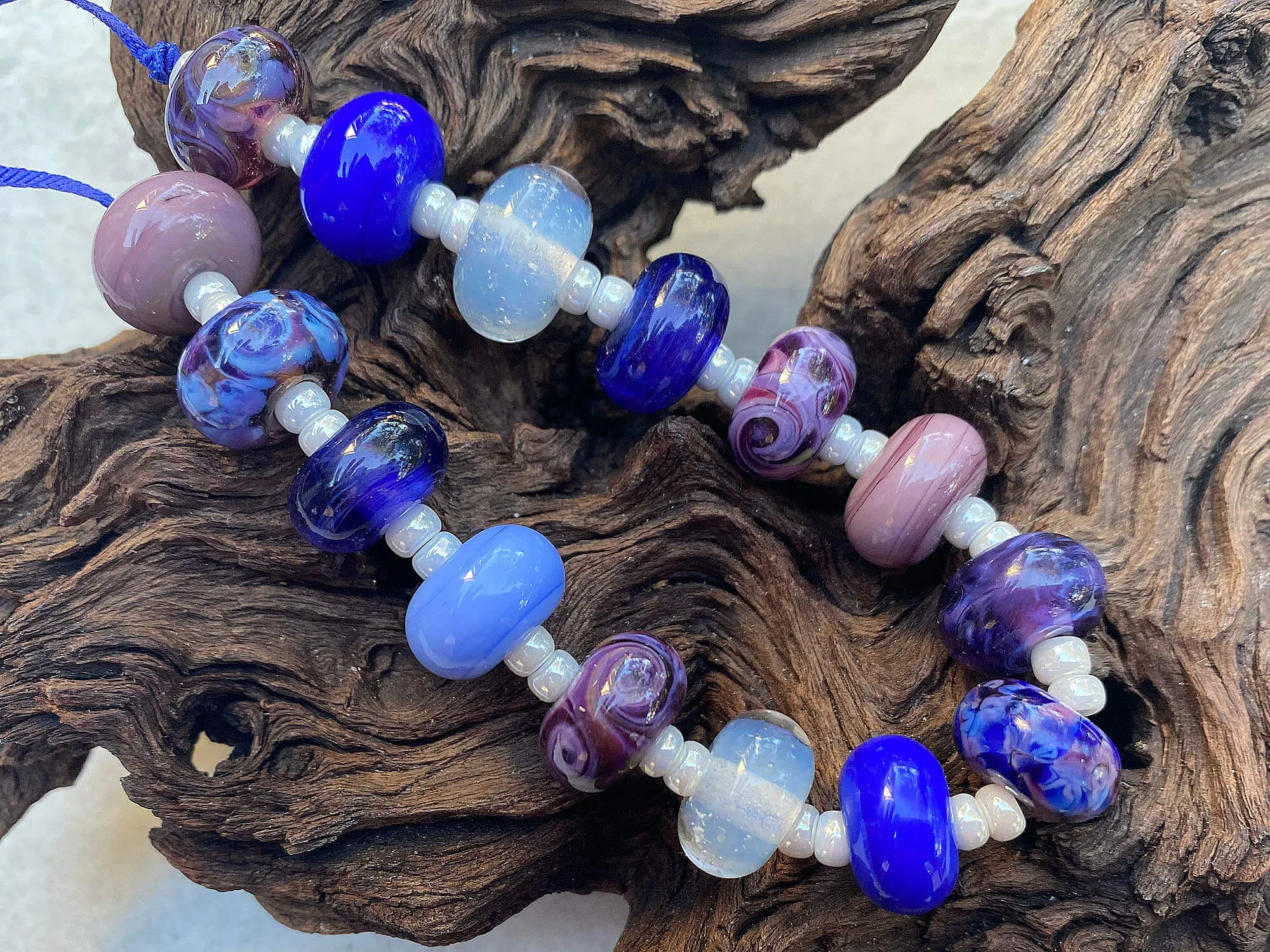15 Handmade Purple Blue Swirl Lampwork Beads Set SRA