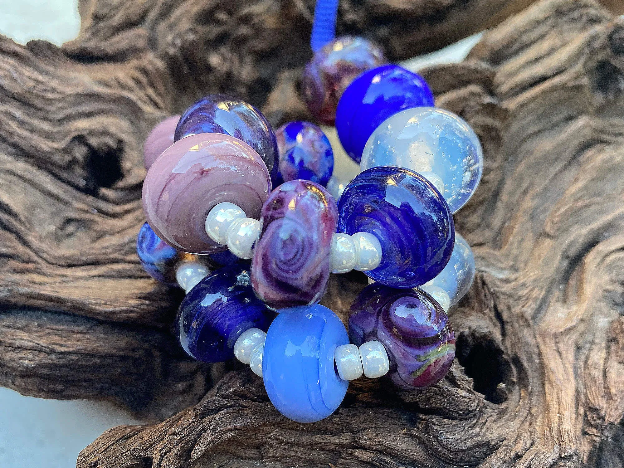 15 Handmade Purple Blue Swirl Lampwork Beads Set SRA