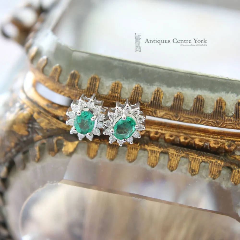 18ct White Gold Emerald & Diamond Oval Cluster Earrings