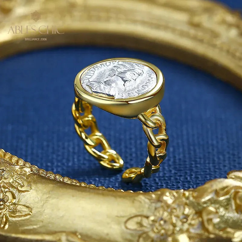 18K Gold Two-Tone Roman Coin Ring - 925 Silver Greek Deity