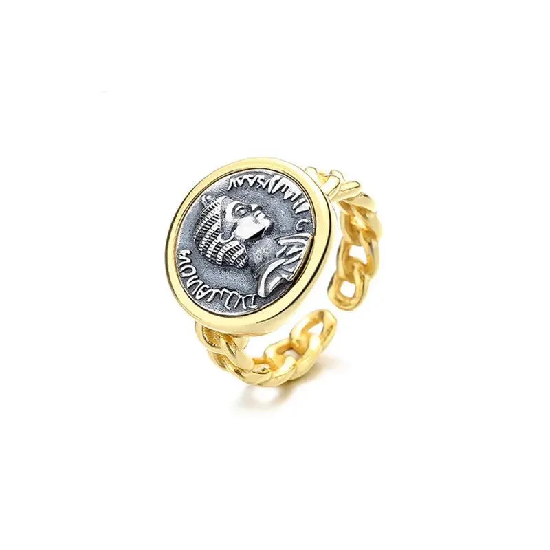 18K Gold Two-Tone Roman Coin Ring - 925 Silver Greek Deity