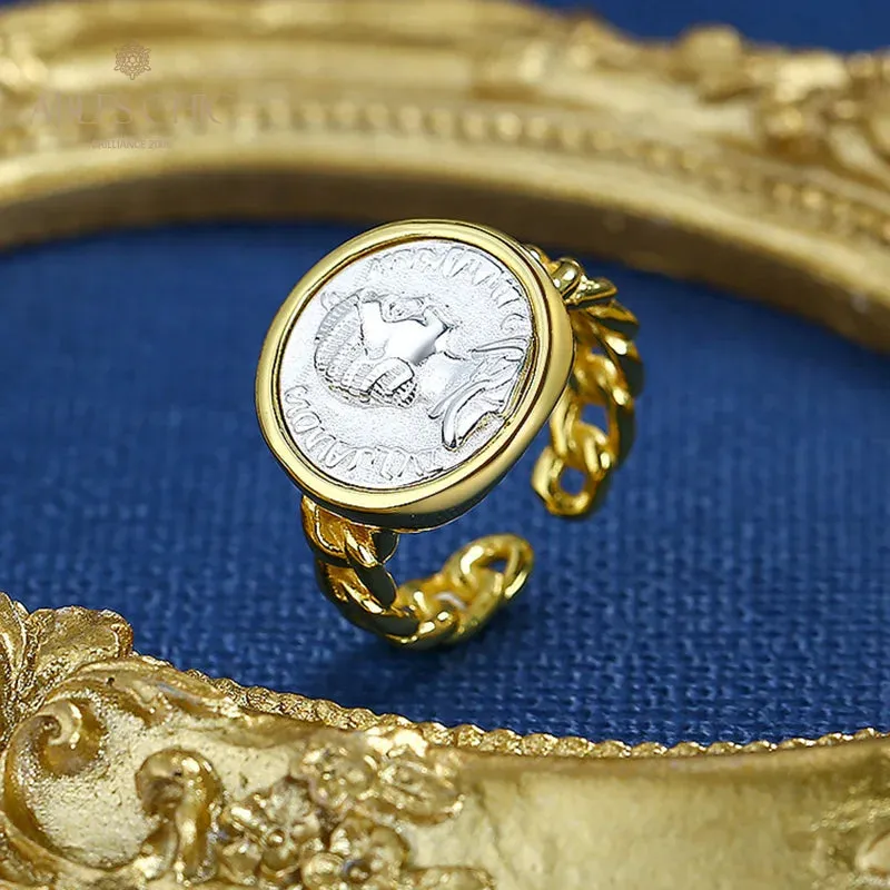 18K Gold Two-Tone Roman Coin Ring - 925 Silver Greek Deity