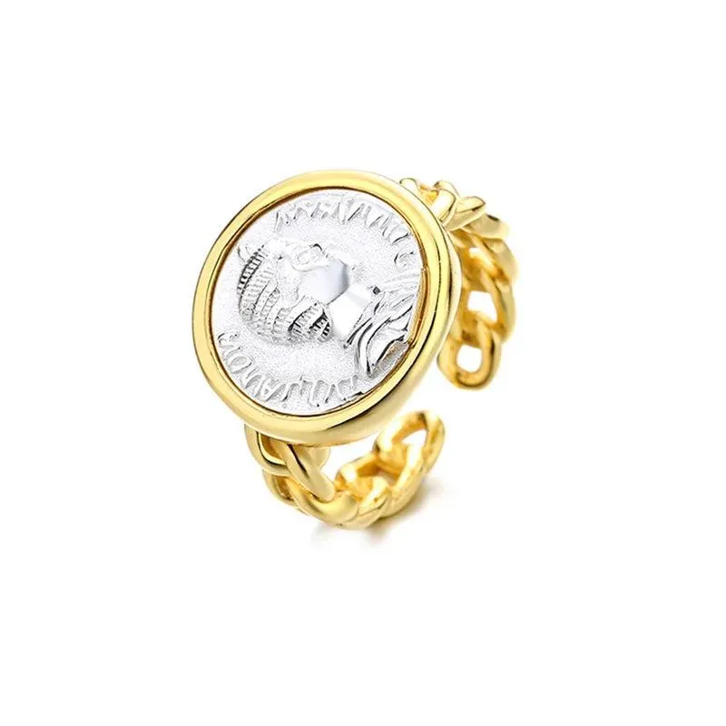 18K Gold Two-Tone Roman Coin Ring - 925 Silver Greek Deity