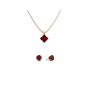 18K Rose Gold 1/2ct Ruby Princess Cut 18 Inch Necklace and Round Earrings Set Plated