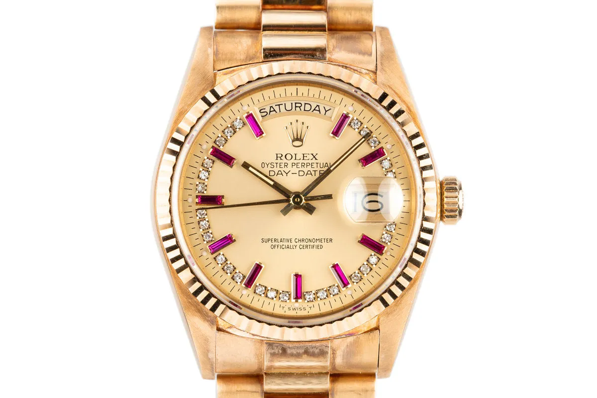 1986 Rolex 18K YG Day-Date 18038 with Diamond and Ruby String Dial