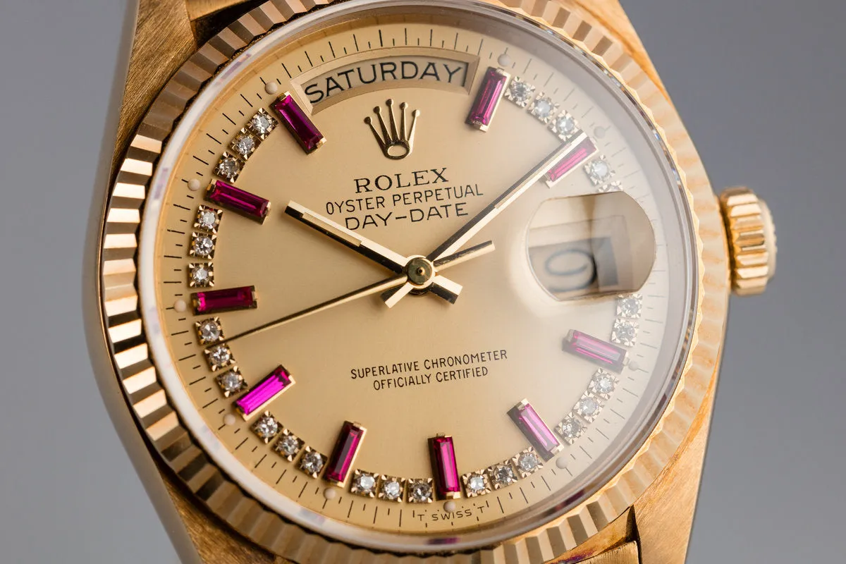 1986 Rolex 18K YG Day-Date 18038 with Diamond and Ruby String Dial