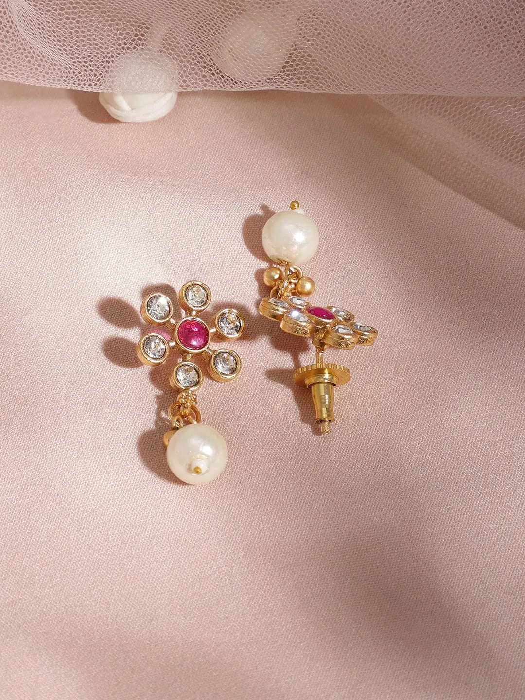 22KT Gold Plated Brass Metal Ruby Studded White Beaded Floral Necklace Set