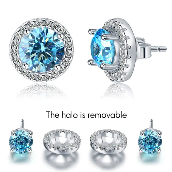 2.5 Carat Round Blue Halo (Removable) Stud 925 Sterling Silver Earrings Jewelry XFE8128