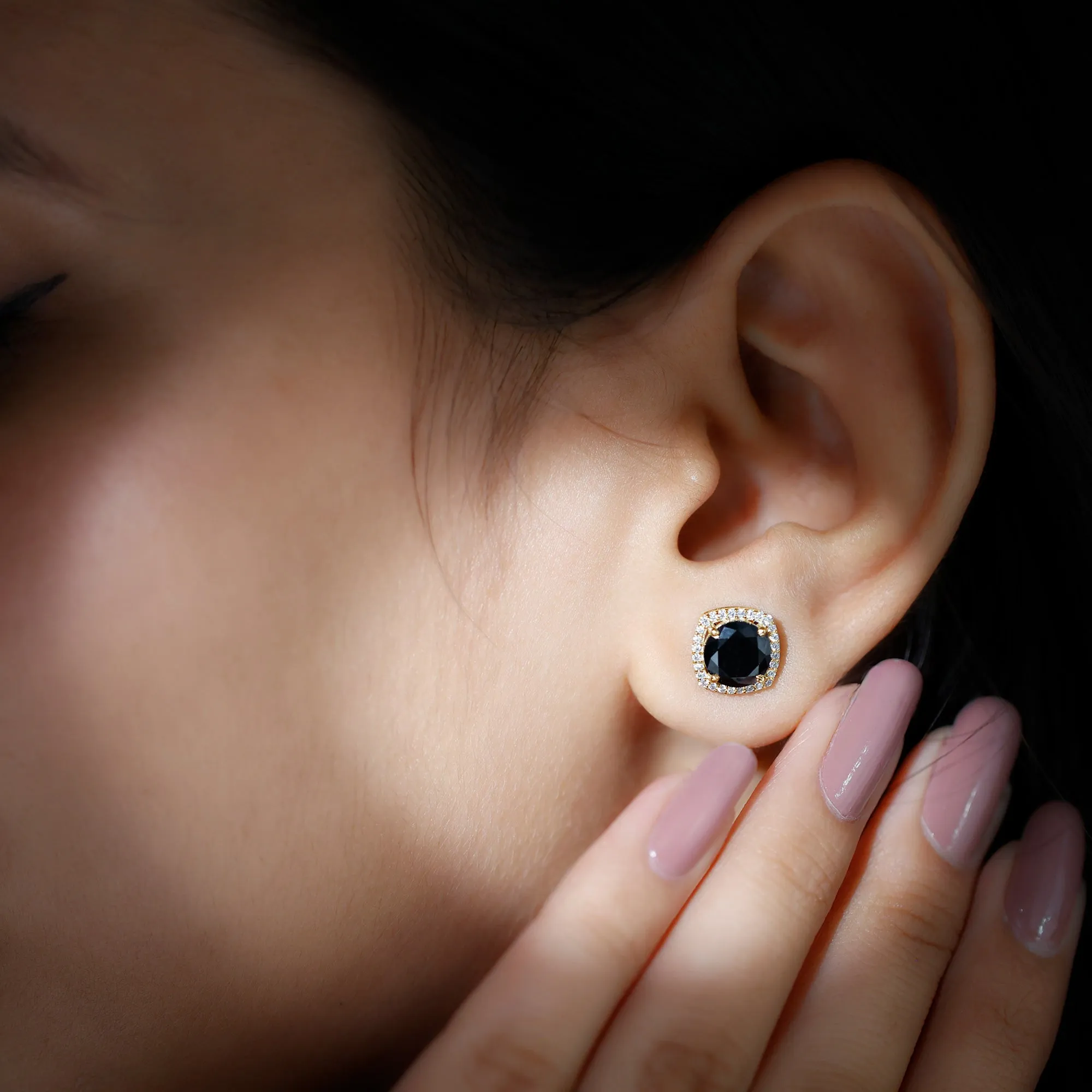 3 CT Created Black Diamond Cocktail Stud Earrings with Diamond Halo