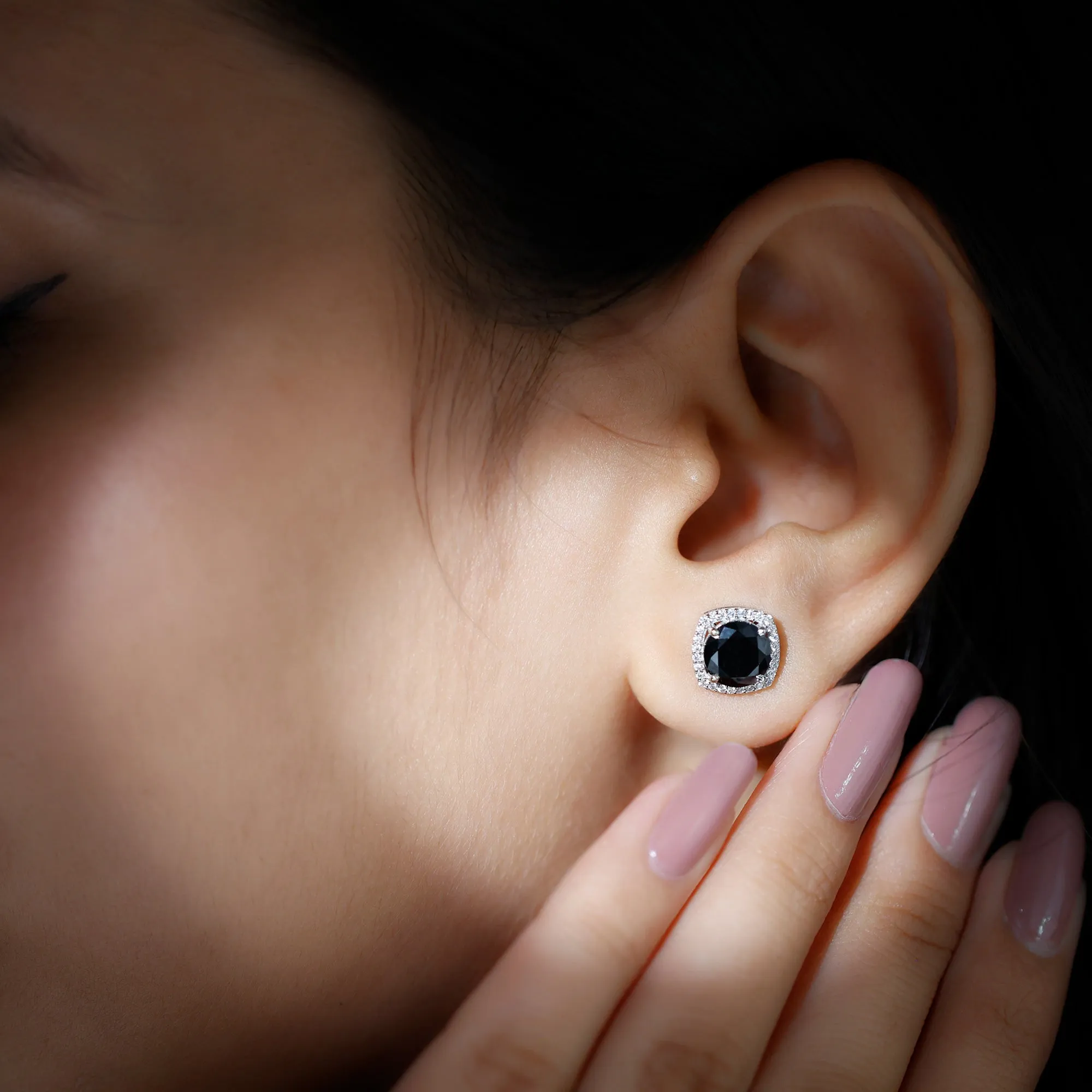 3 CT Created Black Diamond Cocktail Stud Earrings with Diamond Halo