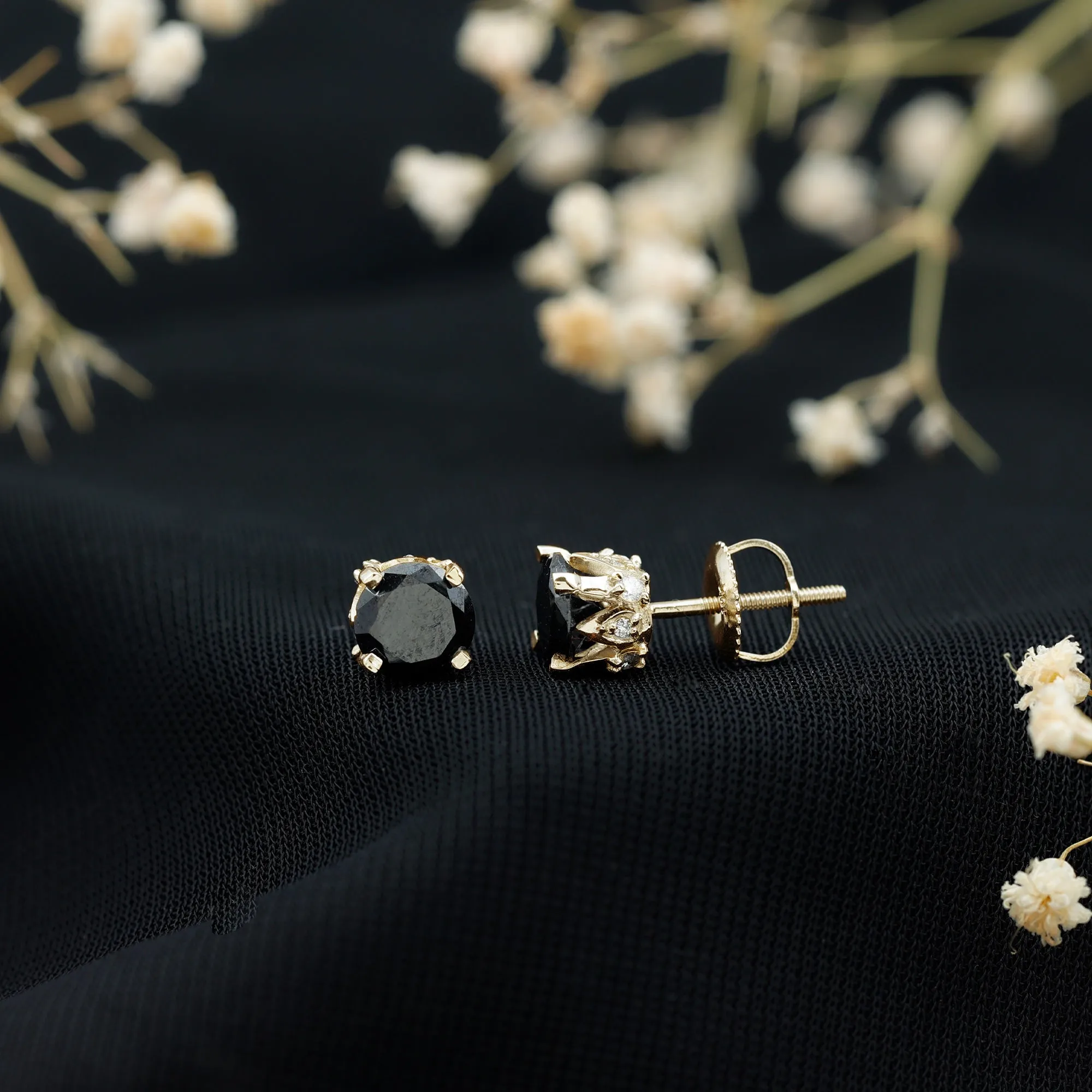 3 CT Round Created Black Diamond Solitaire Stud Earrings with Diamond