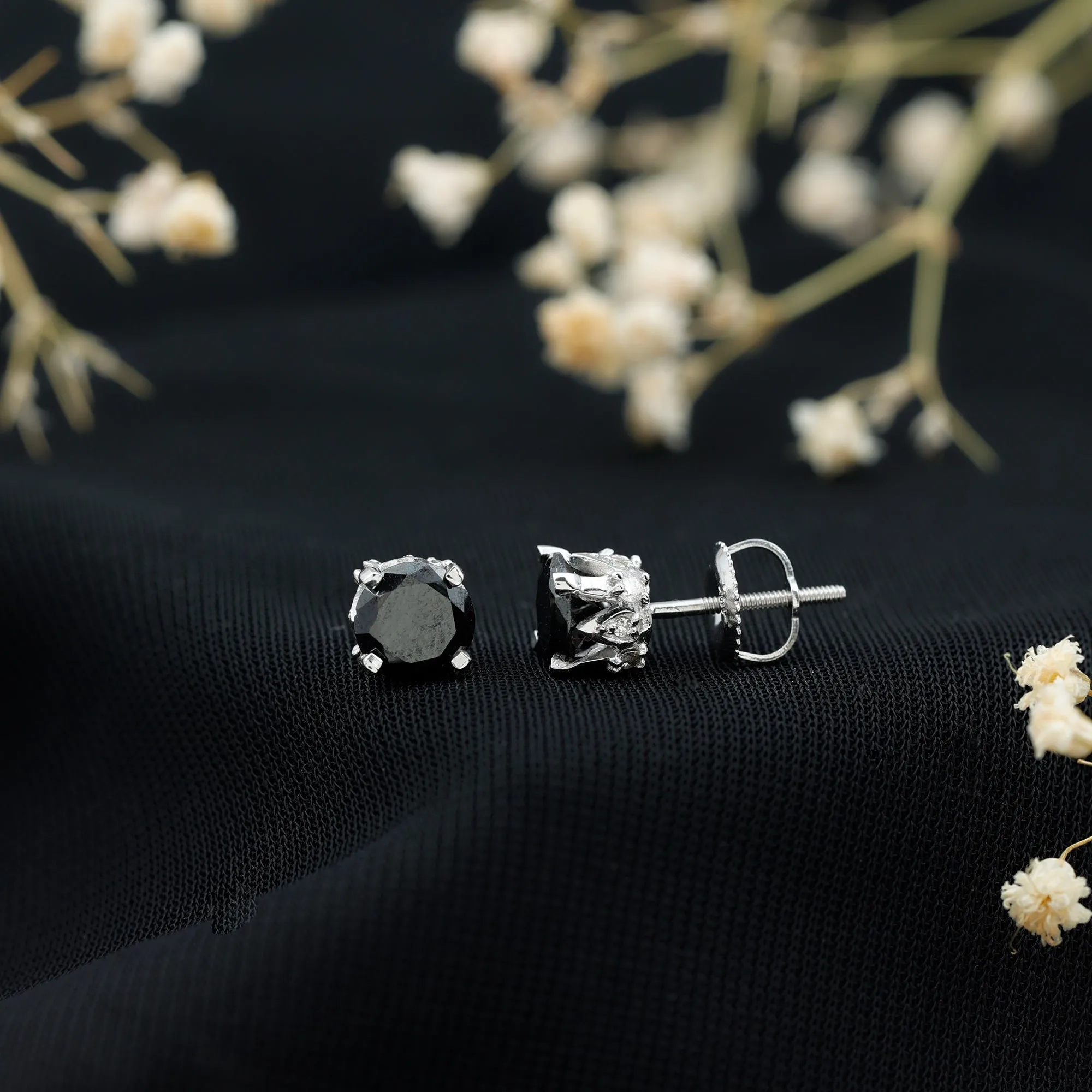 3 CT Round Created Black Diamond Solitaire Stud Earrings with Diamond