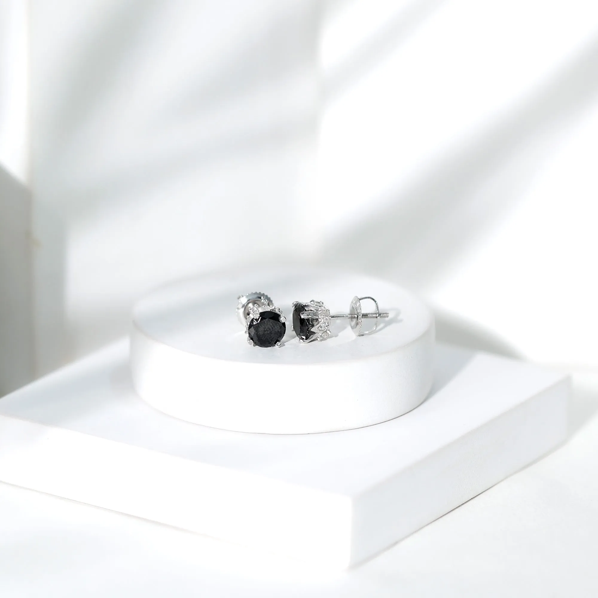 3 CT Round Created Black Diamond Solitaire Stud Earrings with Diamond