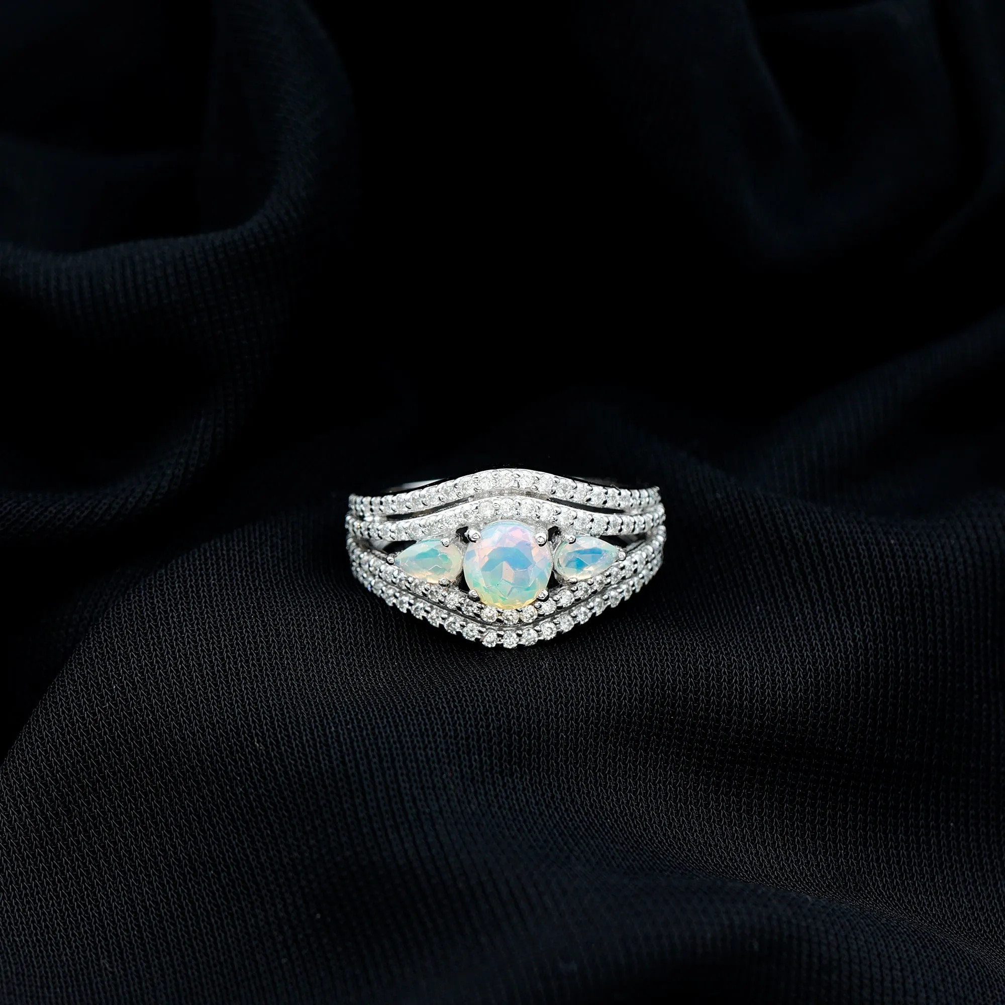 3 Stone Ethiopian Opal Cocktail Statement Ring with Moissanite