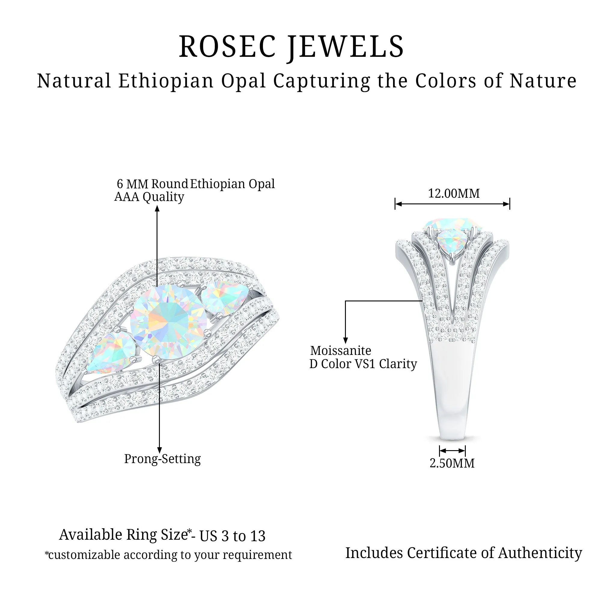 3 Stone Ethiopian Opal Cocktail Statement Ring with Moissanite