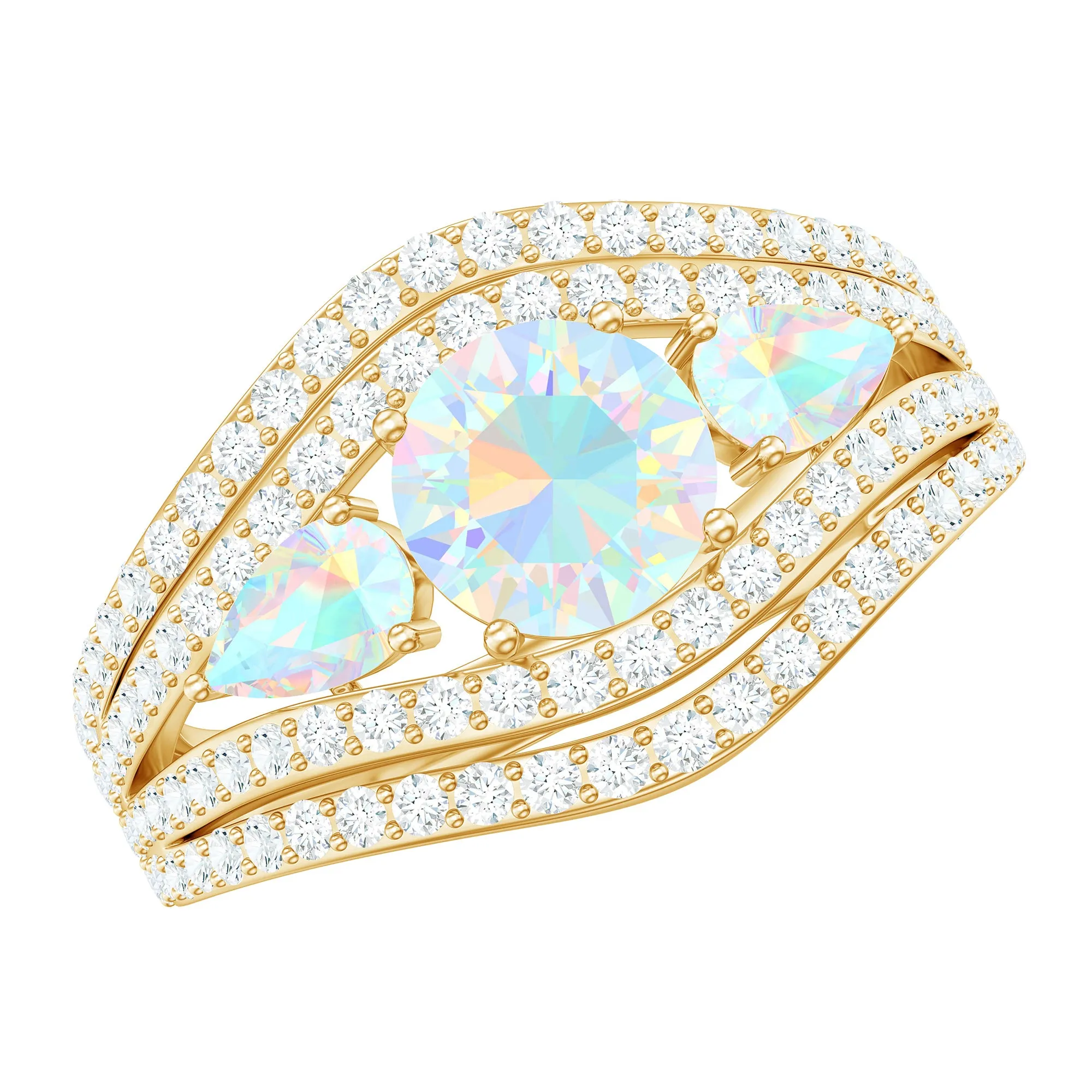 3 Stone Ethiopian Opal Cocktail Statement Ring with Moissanite