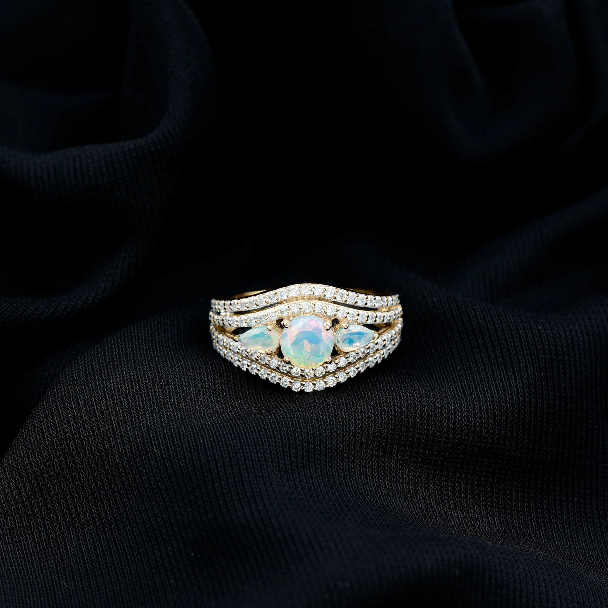 3 Stone Ethiopian Opal Cocktail Statement Ring with Moissanite