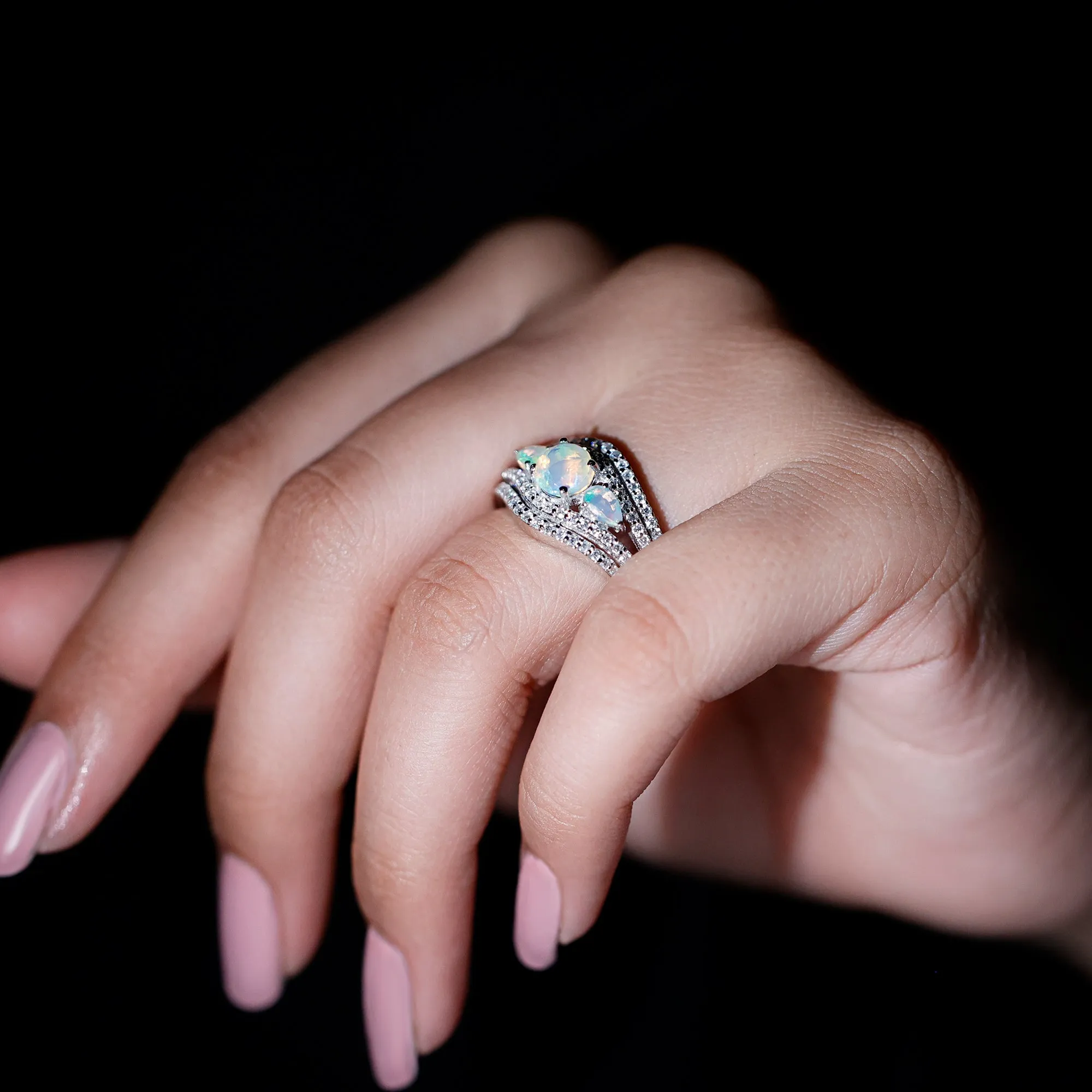 3 Stone Ethiopian Opal Cocktail Statement Ring with Moissanite
