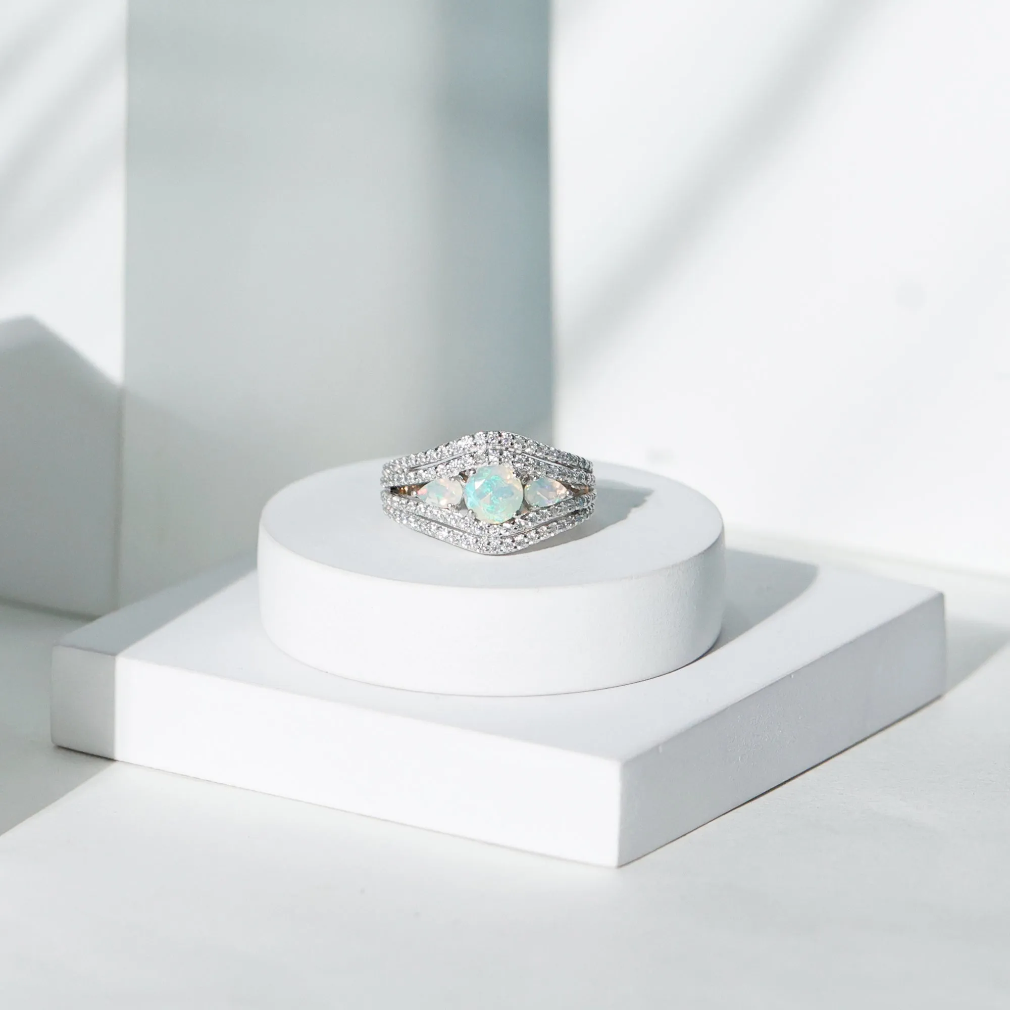 3 Stone Ethiopian Opal Cocktail Statement Ring with Moissanite