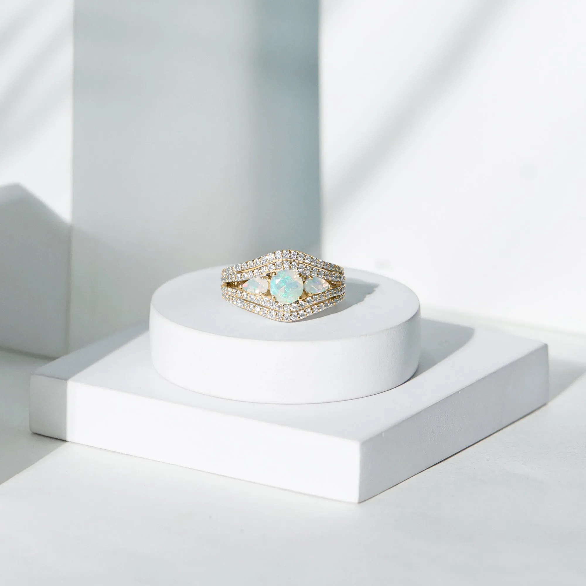 3 Stone Ethiopian Opal Cocktail Statement Ring with Moissanite