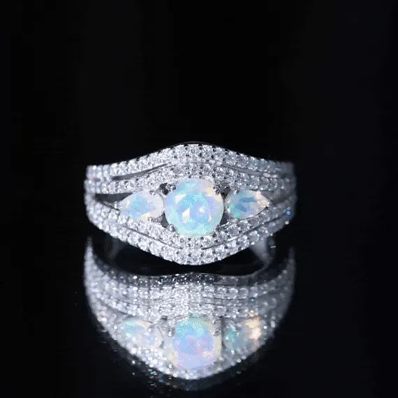 3 Stone Ethiopian Opal Cocktail Statement Ring with Moissanite