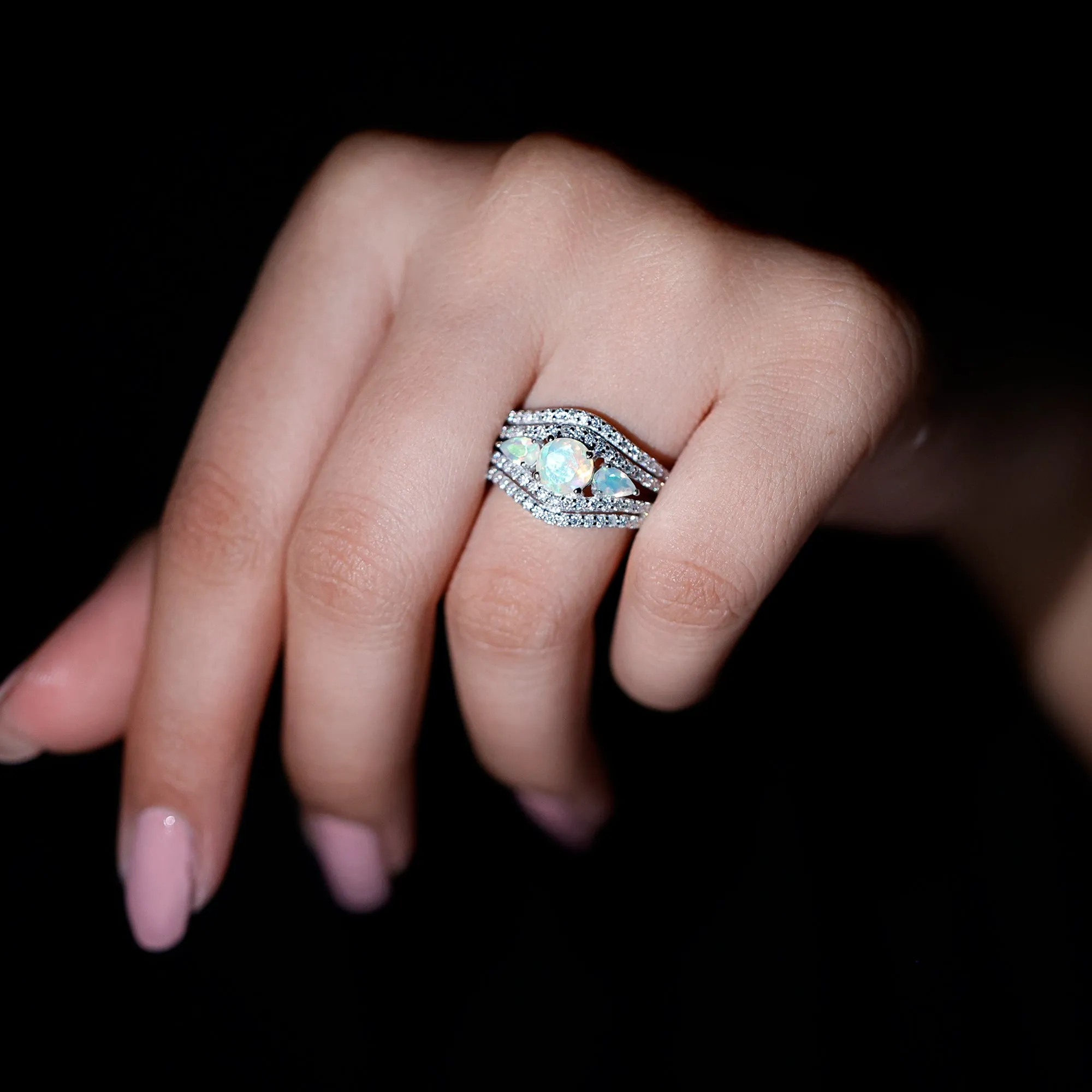3 Stone Ethiopian Opal Cocktail Statement Ring with Moissanite