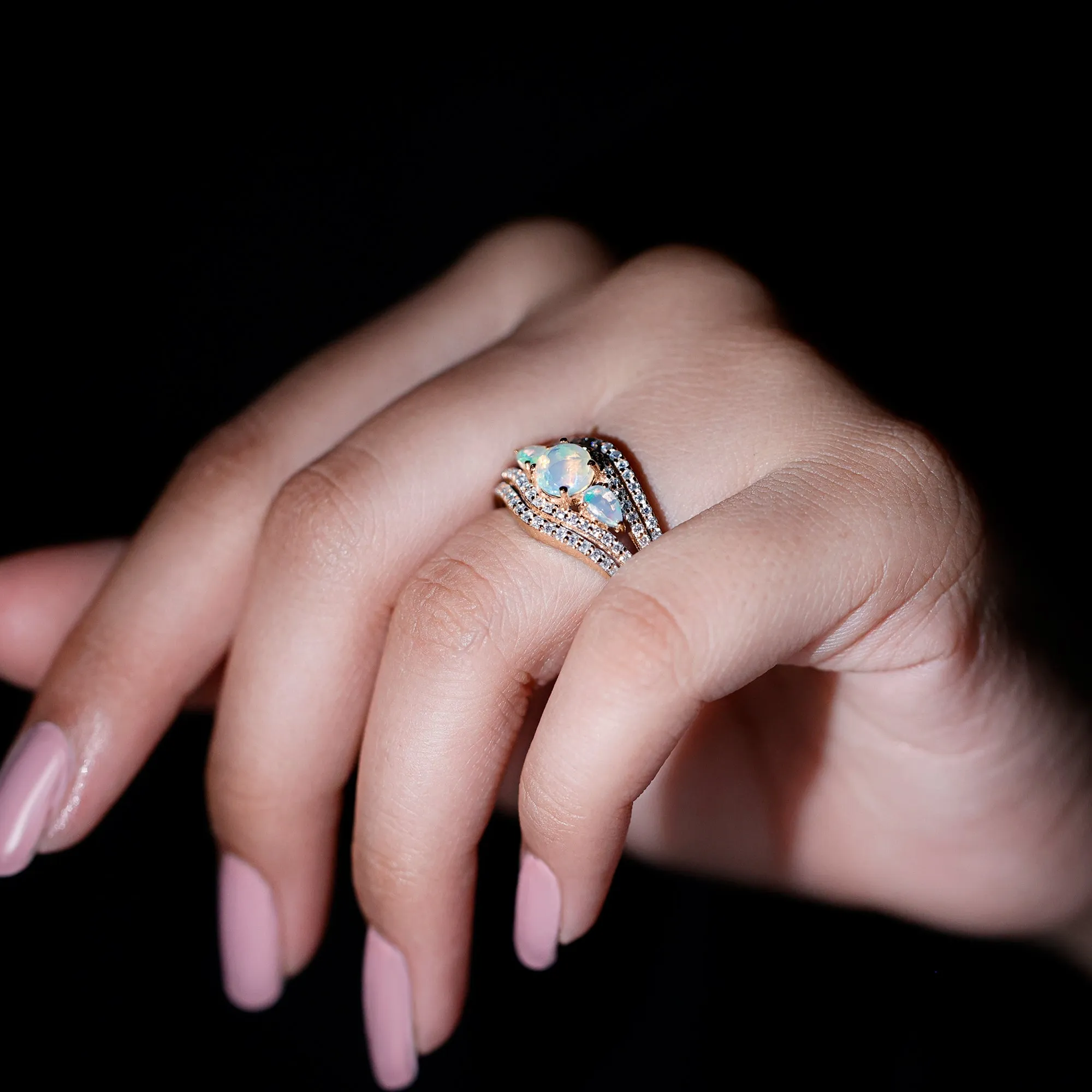3 Stone Ethiopian Opal Cocktail Statement Ring with Moissanite