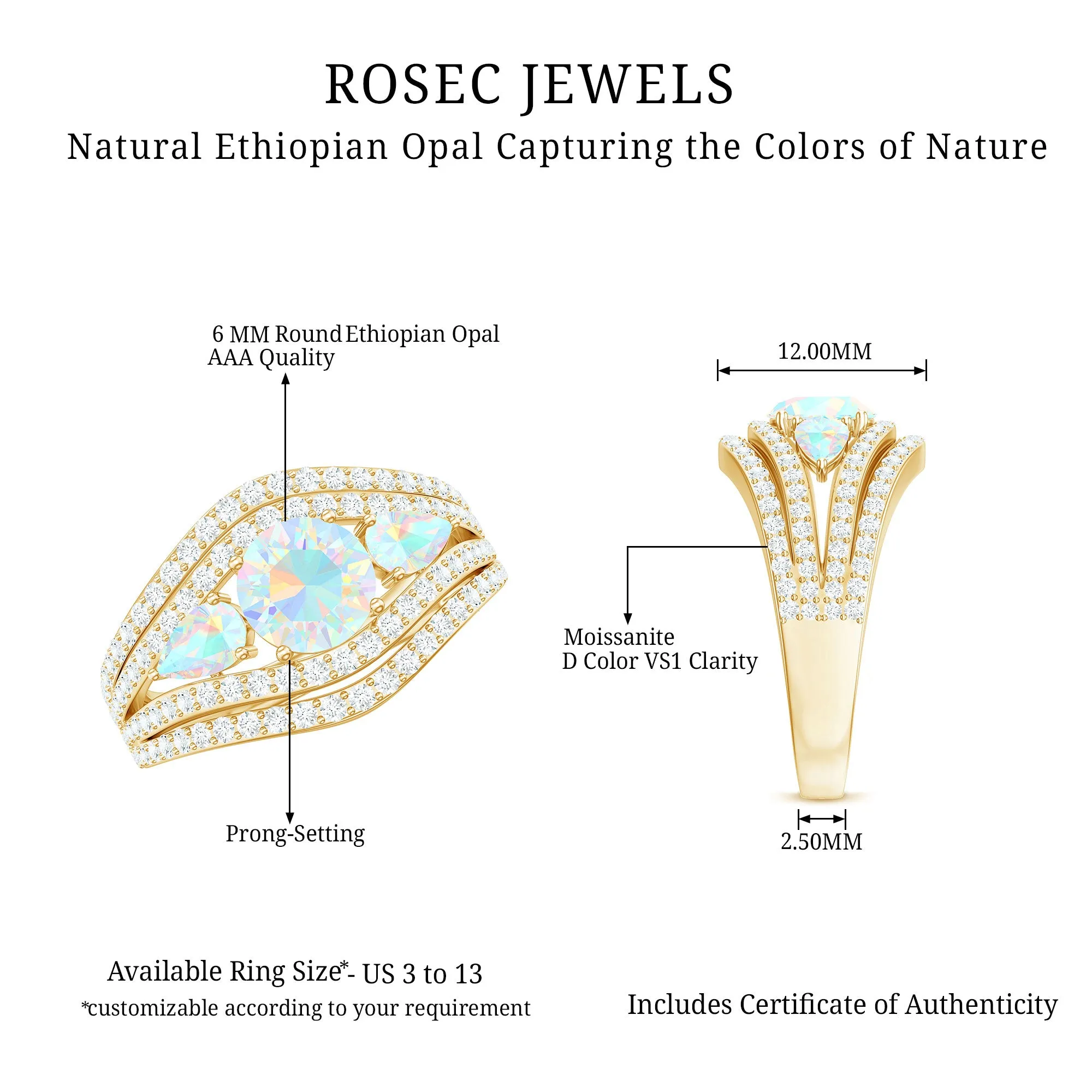 3 Stone Ethiopian Opal Cocktail Statement Ring with Moissanite