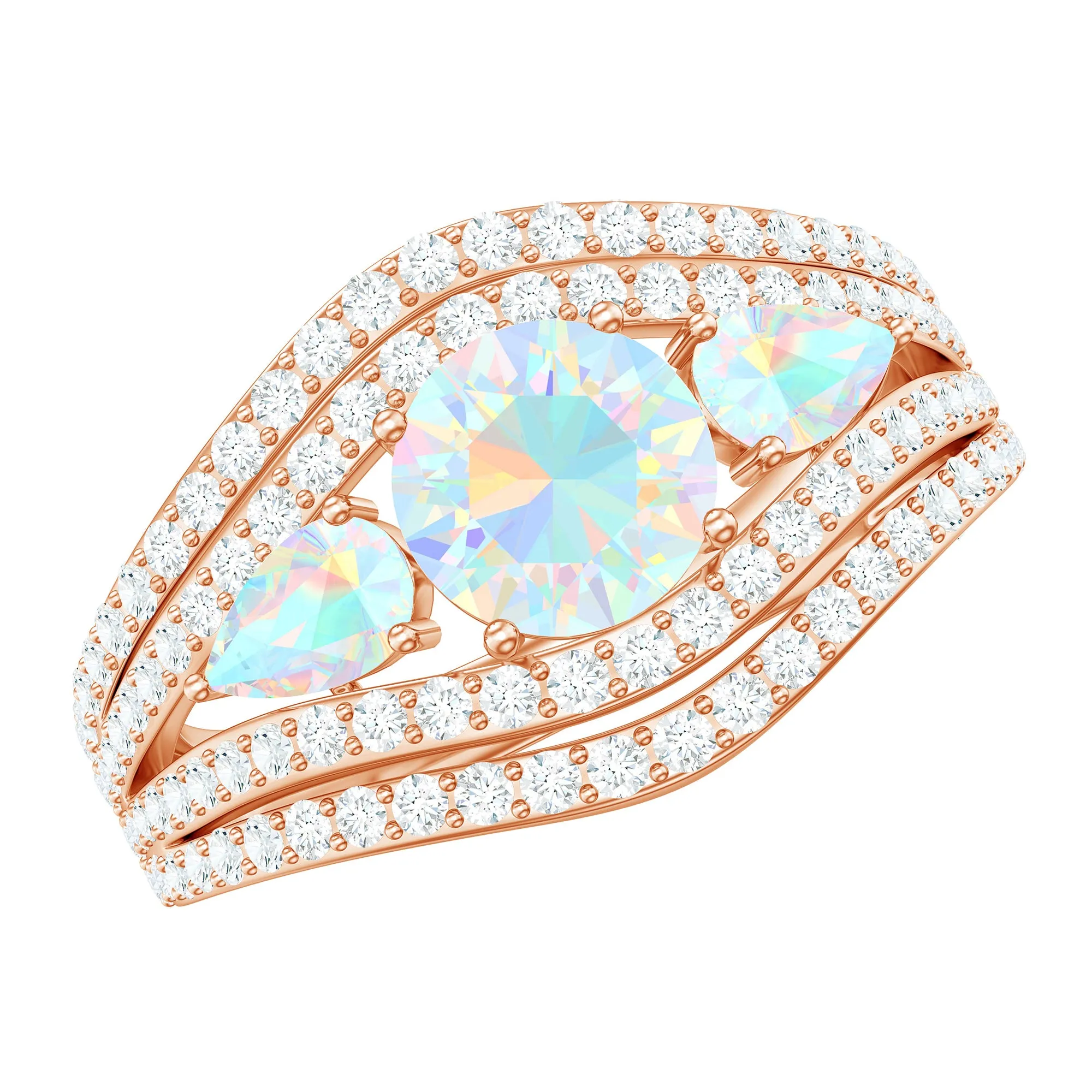 3 Stone Ethiopian Opal Cocktail Statement Ring with Moissanite