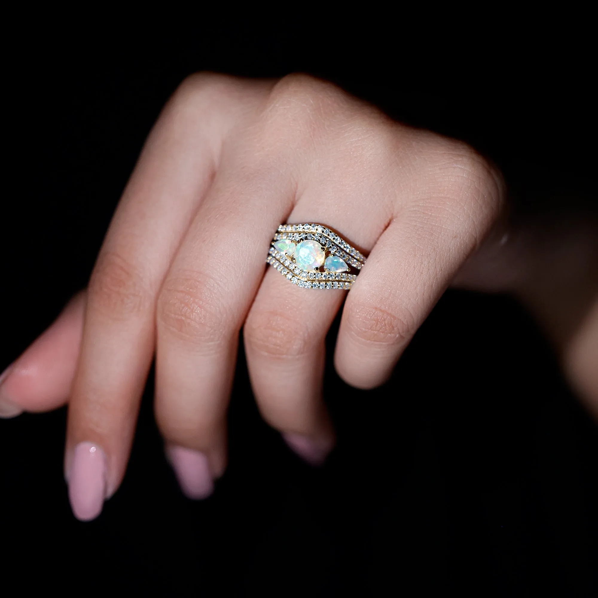 3 Stone Ethiopian Opal Cocktail Statement Ring with Moissanite