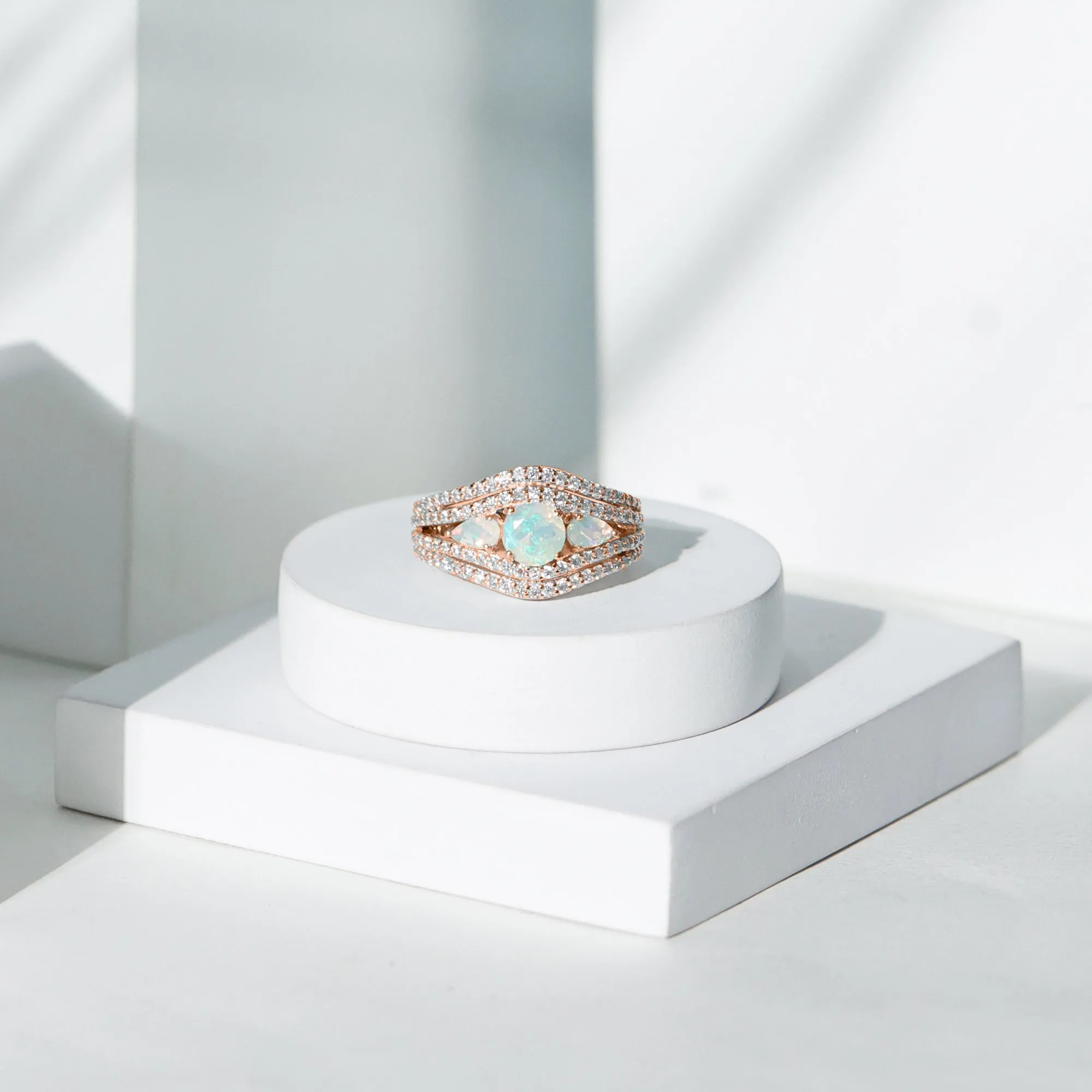 3 Stone Ethiopian Opal Cocktail Statement Ring with Moissanite