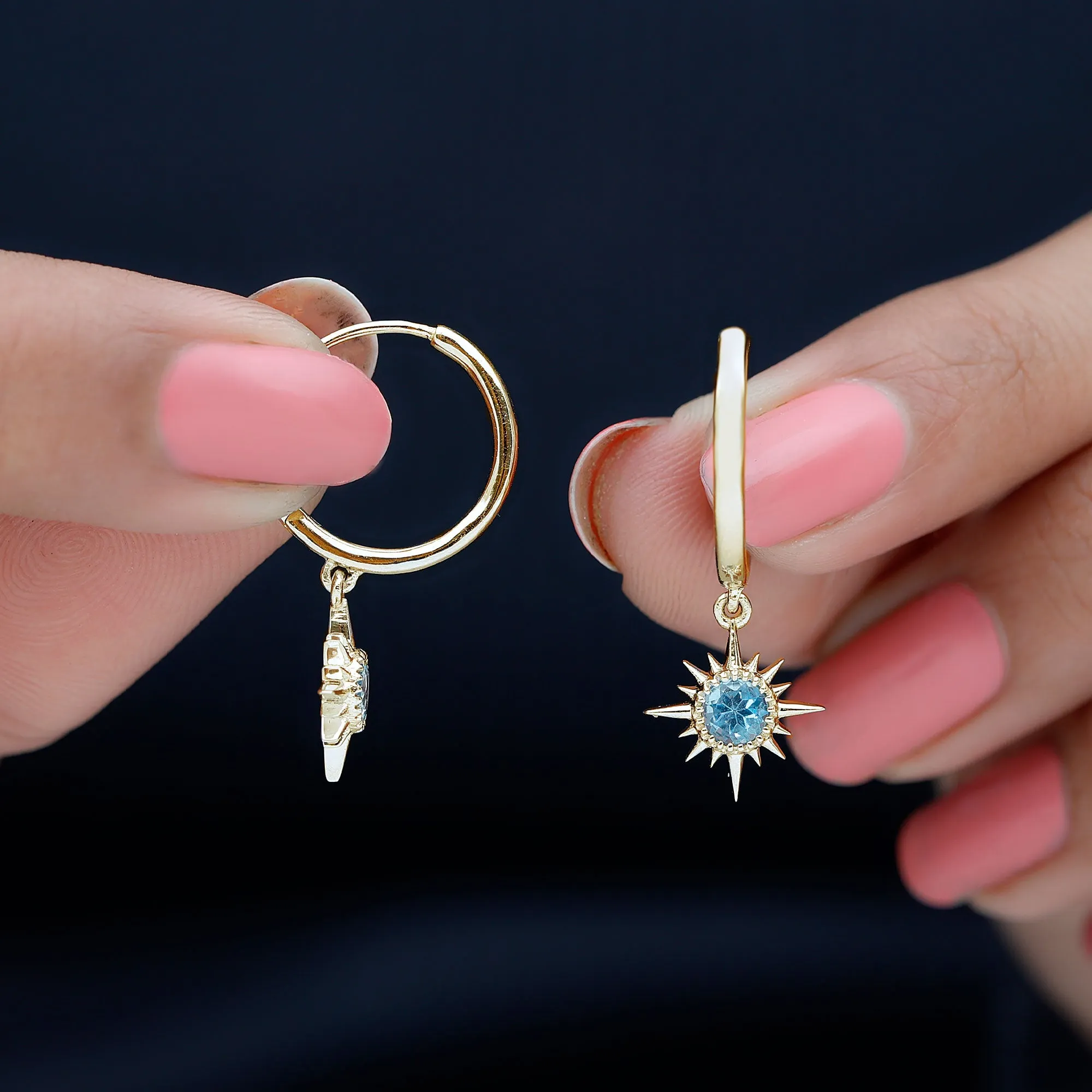 4 MM Round Shape Aquamarine and Gold Sunburst Hoop Drop Earrings For Women