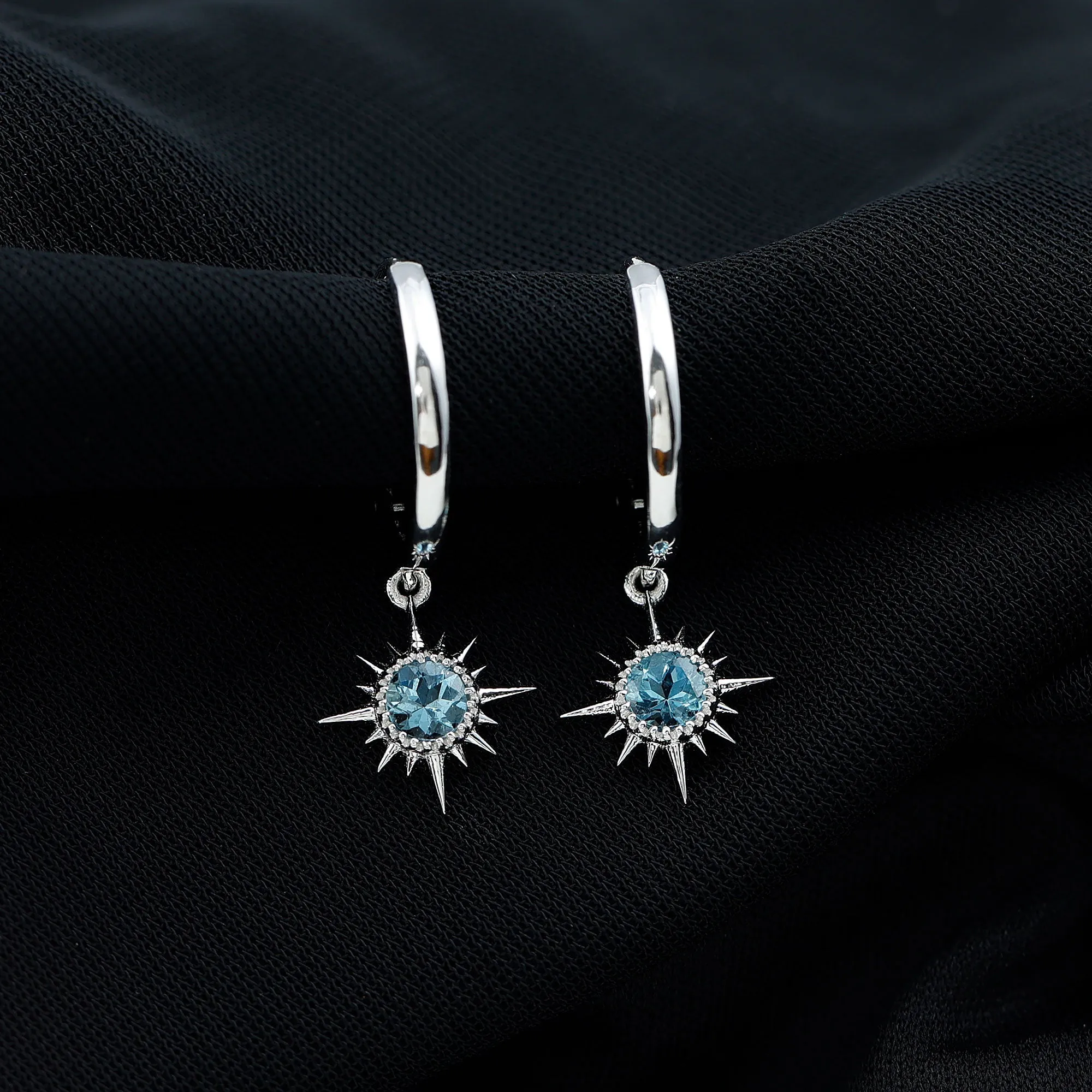 4 MM Round Shape Aquamarine and Gold Sunburst Hoop Drop Earrings For Women